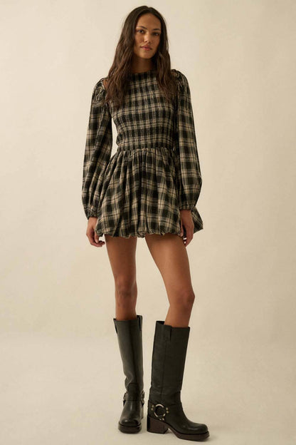 Pumpkin Butter Plaid Puff Mini Dress (Black)
