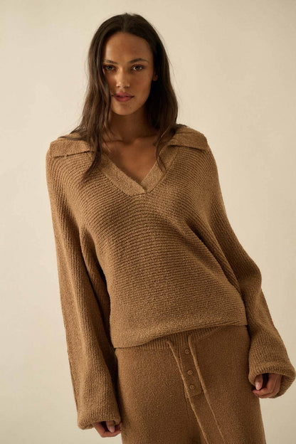 S’mores Ribbed Knit Split-Neck Collared Sweater