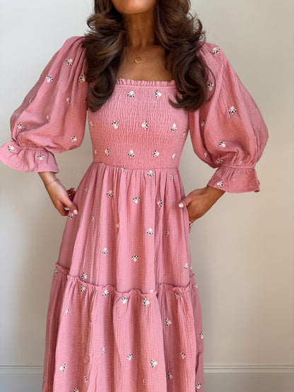 Roses Puff Sleeve Midi in Rosé