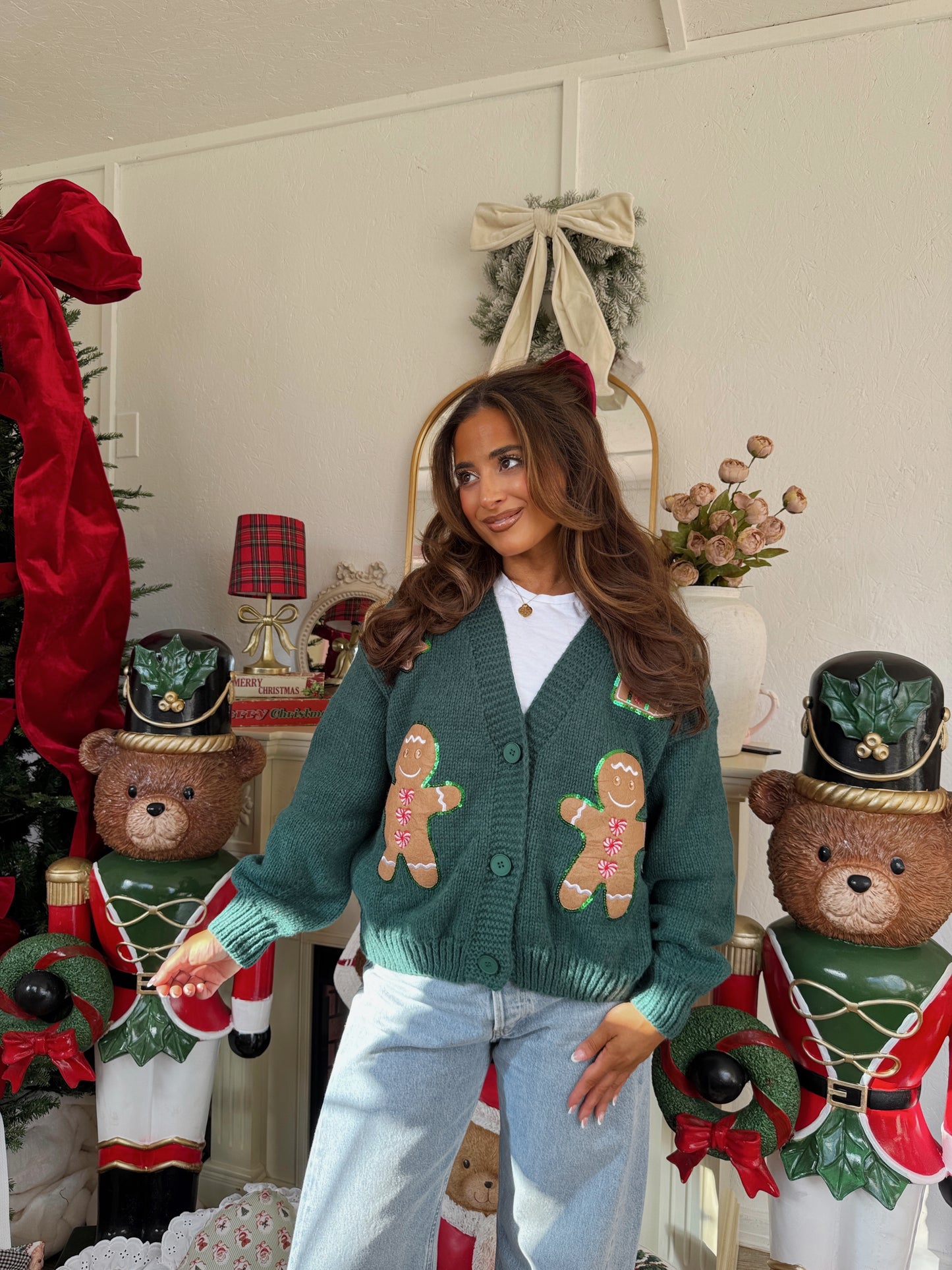 Christnas Cuddle Gingerbread Cozy Cardigan (Hunter Green)