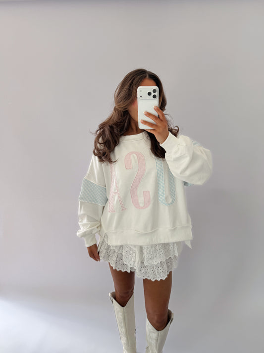 USA Gingham Patch Pullover Sweater