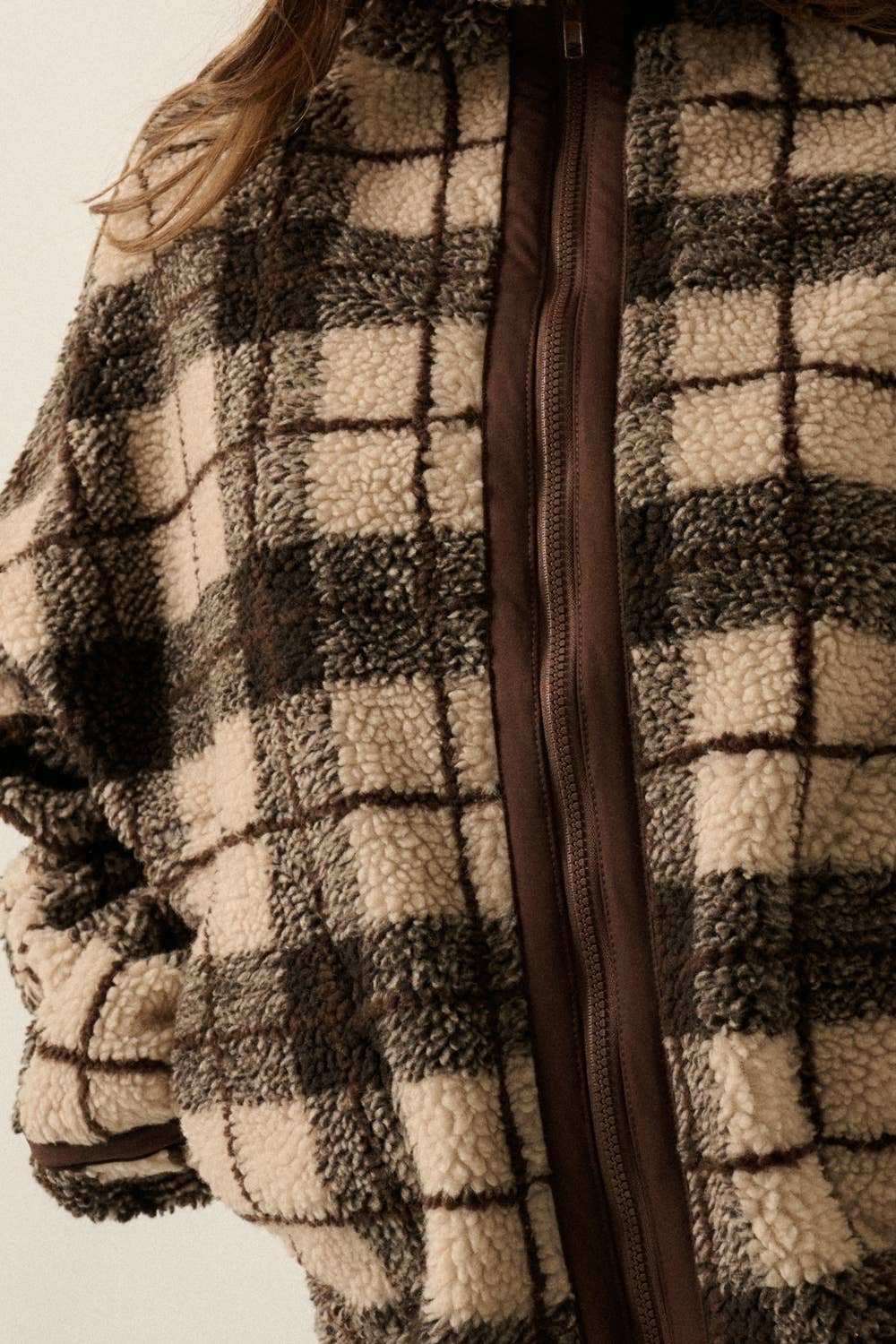 Plaid-Print Sherpa Fleece Zip-Up Collared Pocket Jacket no restocks