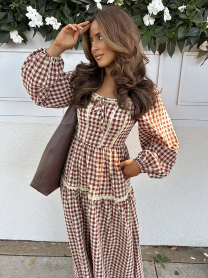 Cinnamon Sugar Cookie Gingham Midi Dress