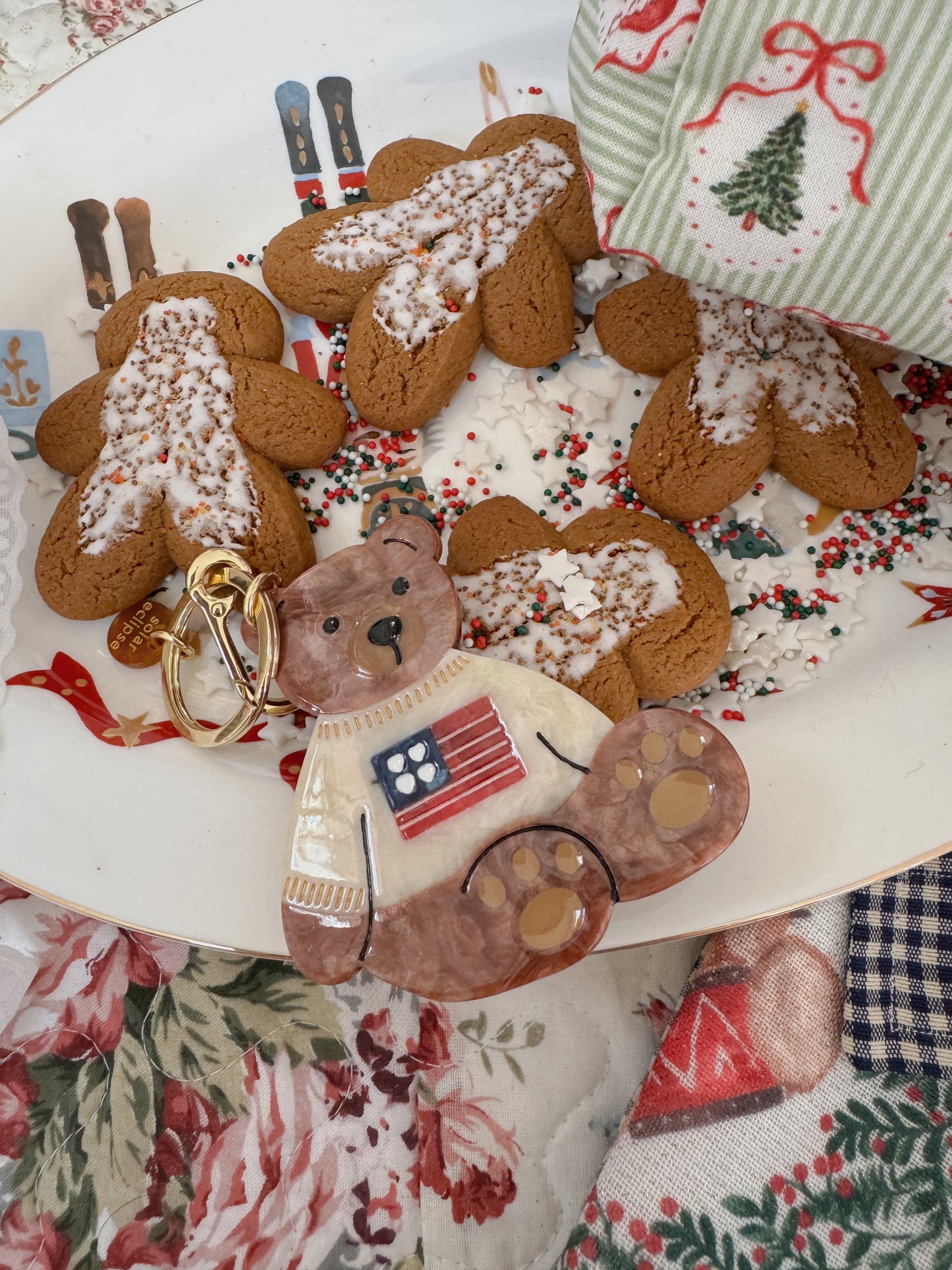 Hand-painted Americana Teddy Bear Bag Charm + Keychain