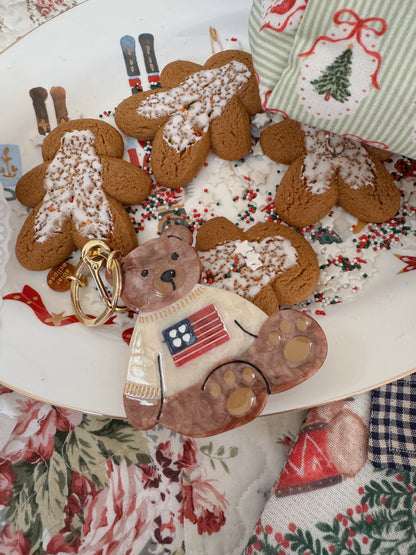 Hand-painted Americana Teddy Bear Bag Charm + Keychain
