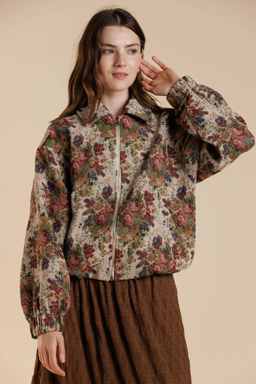 Vintage Rose Tapestry Zip-Up Bomber Jacket