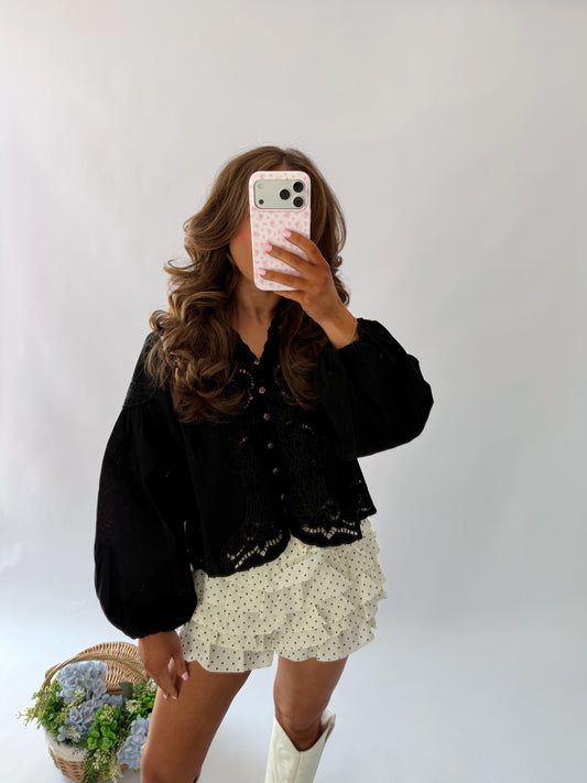 Denim Eyelet Twirl Vintage Top (can’t restock) (Black)
