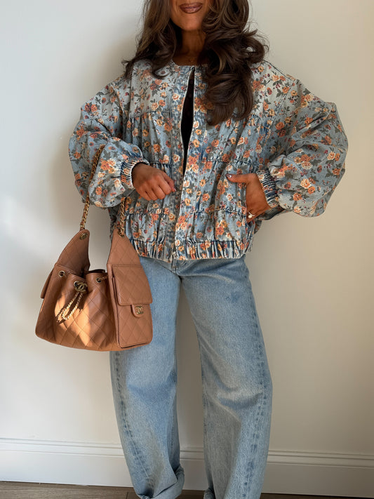 Falling Leaves Denim Bomber Jacket
