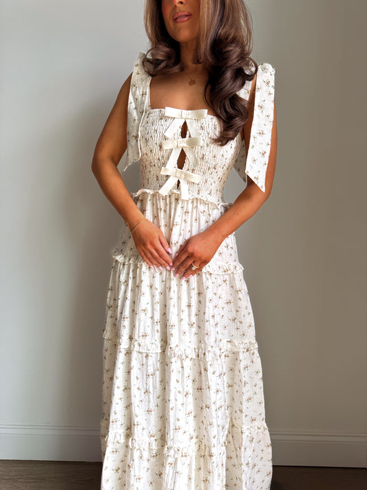 Bows & Roses Tie Beige Midi Dress
