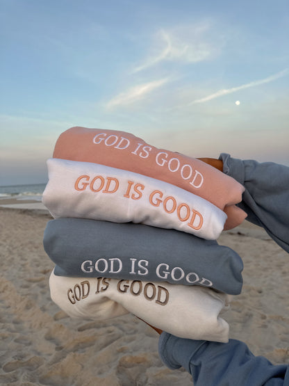 God is Good embroidered crew (white with pink text)