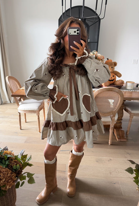 Harvest Hearts Mini Dress (mocha Gingham)