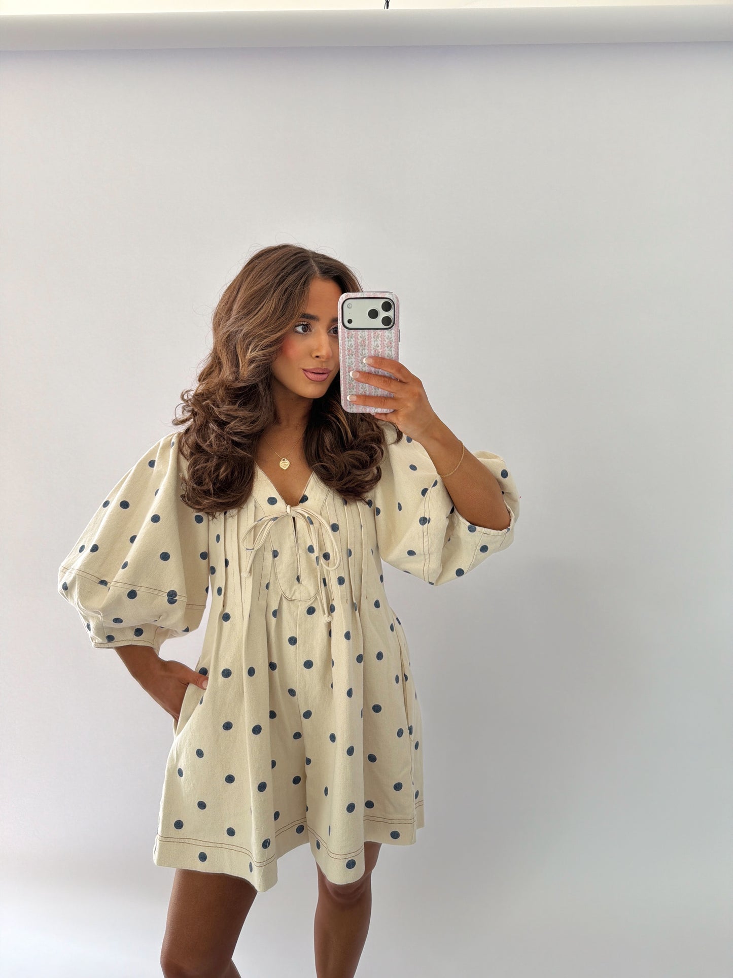 Sweet Denim Polka Dot Romper Oat & Navy LAST RESTOCK