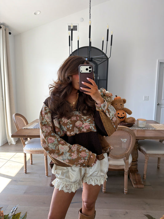 Cottage Rose Vintage Knit Top Brown /Pink Floral