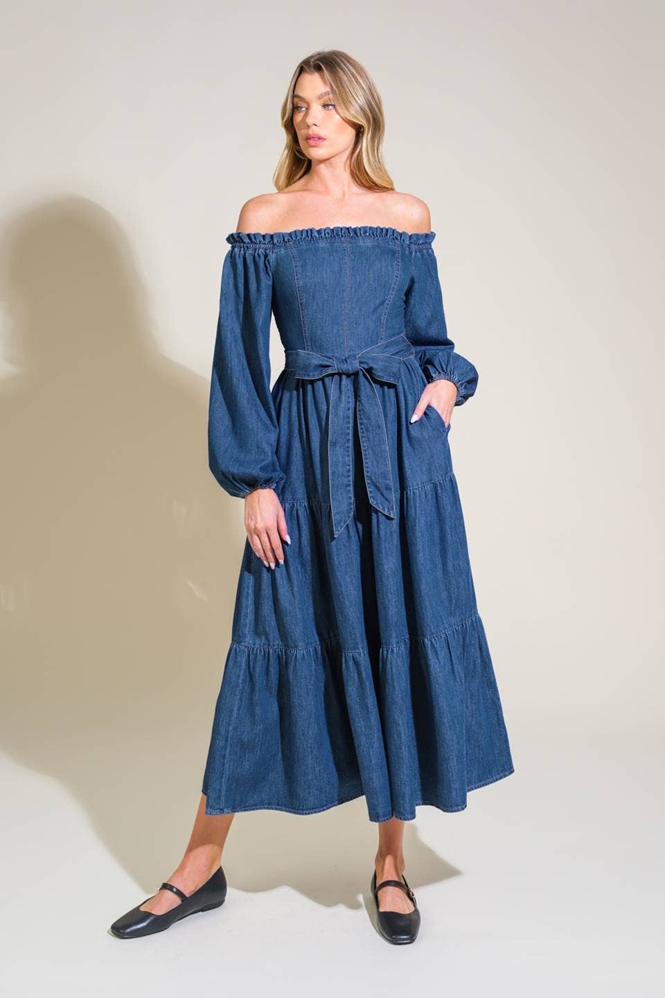 Denim Off The Shoulder Midi Dress Denim Off The Shoulder Midi Dress