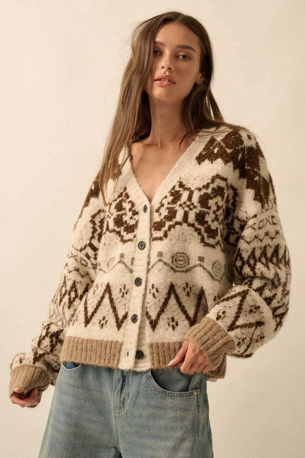 Hearts Aglow Brushed Alpine-Knit Button-Front Cardigan