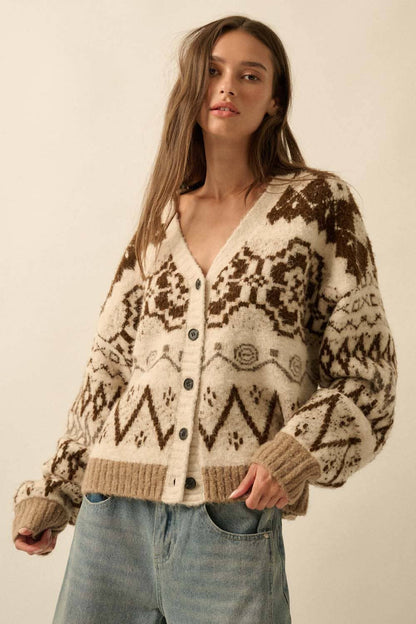 Hearts Aglow Brushed Alpine-Knit Button-Front Cardigan