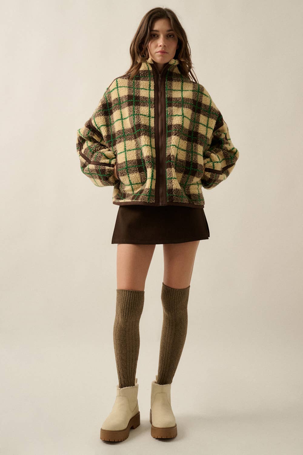 Plaid-Print Sherpa Fleece Zip-Up Collared Pocket Jacket no restocks