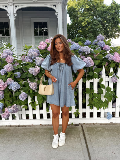 PRE-SALE Denim Puff Sleeve Mini (Light Denim) PRE-SALE Denim Puff Sleeve Mini (Light Denim)