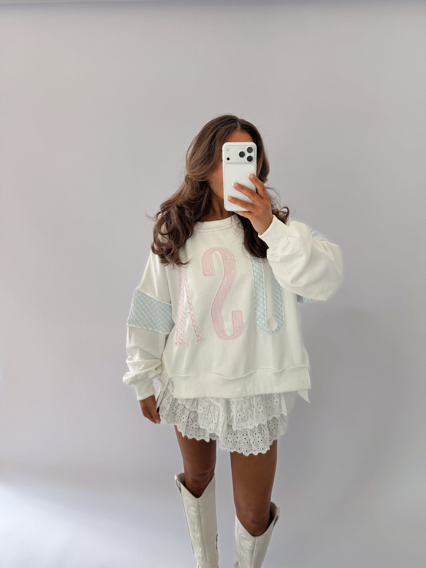 USA Gingham Patch Pullover Sweater