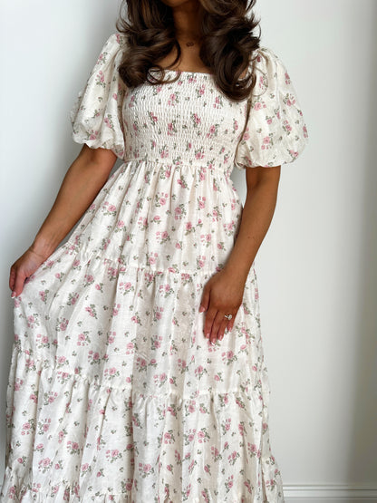 Secret Garden Blush Floral Midi Smocked Dress