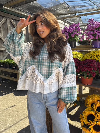 Willow Patch Plaid Ruffle Top with Balloon Sleeves PRE ORDER ADDED