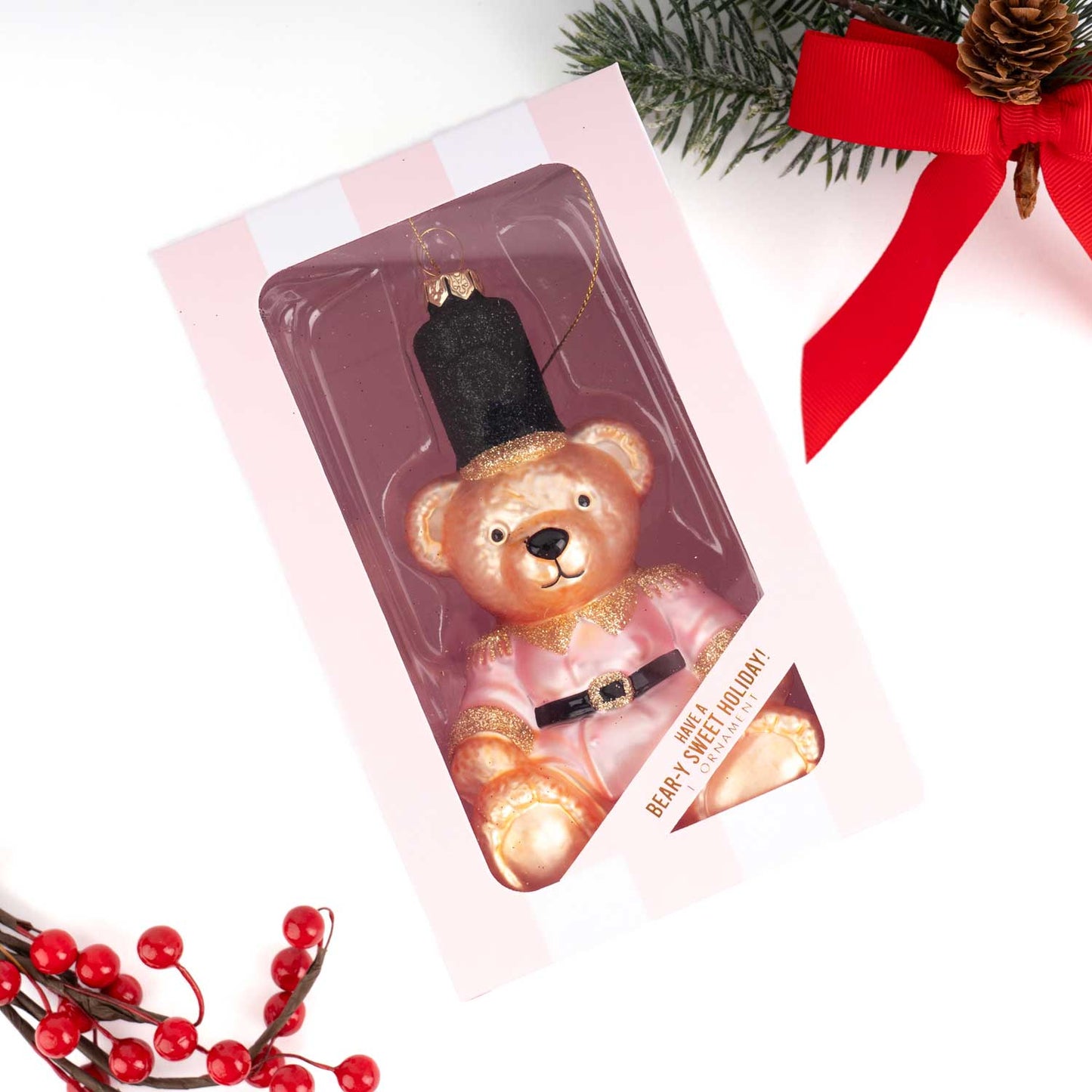 Pink Coquette Teddy Bear Boxed Glass Ornament