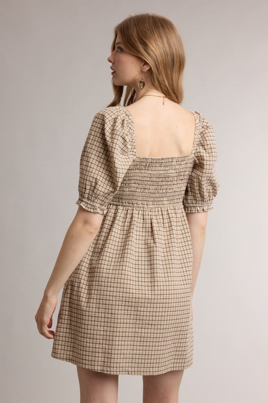 Mocha Latte Plaid Puff Sleeve Mini Dress