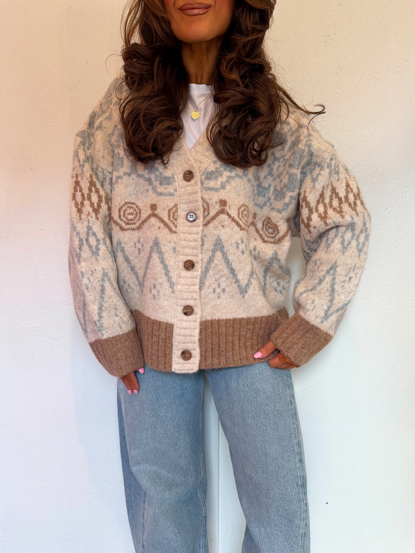 Hearts Aglow Brushed Alpine-Knit Button-Front Cardigan