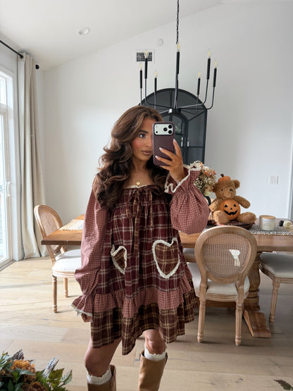 Harvest Hearts Mini Dress (cider plaid)