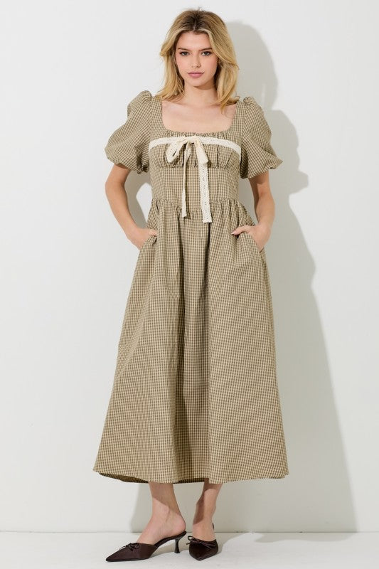 Maple Ave Gingham Puff Sleeve Midi Natural