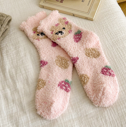 Assorted Fuzzy Cozy Bear Strawberry Socks for Women