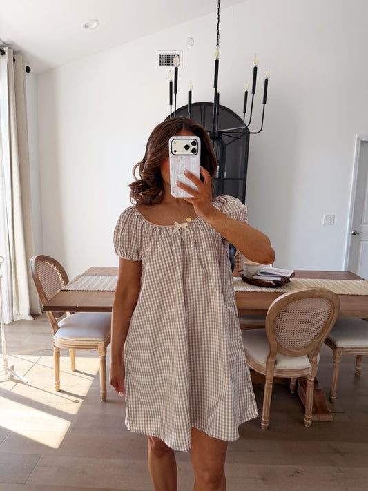 Gingham Patch Mini Dress (Beige)