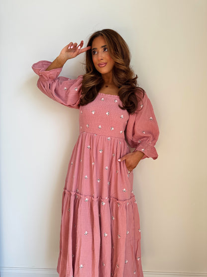 Roses Puff Sleeve Midi in Rosé