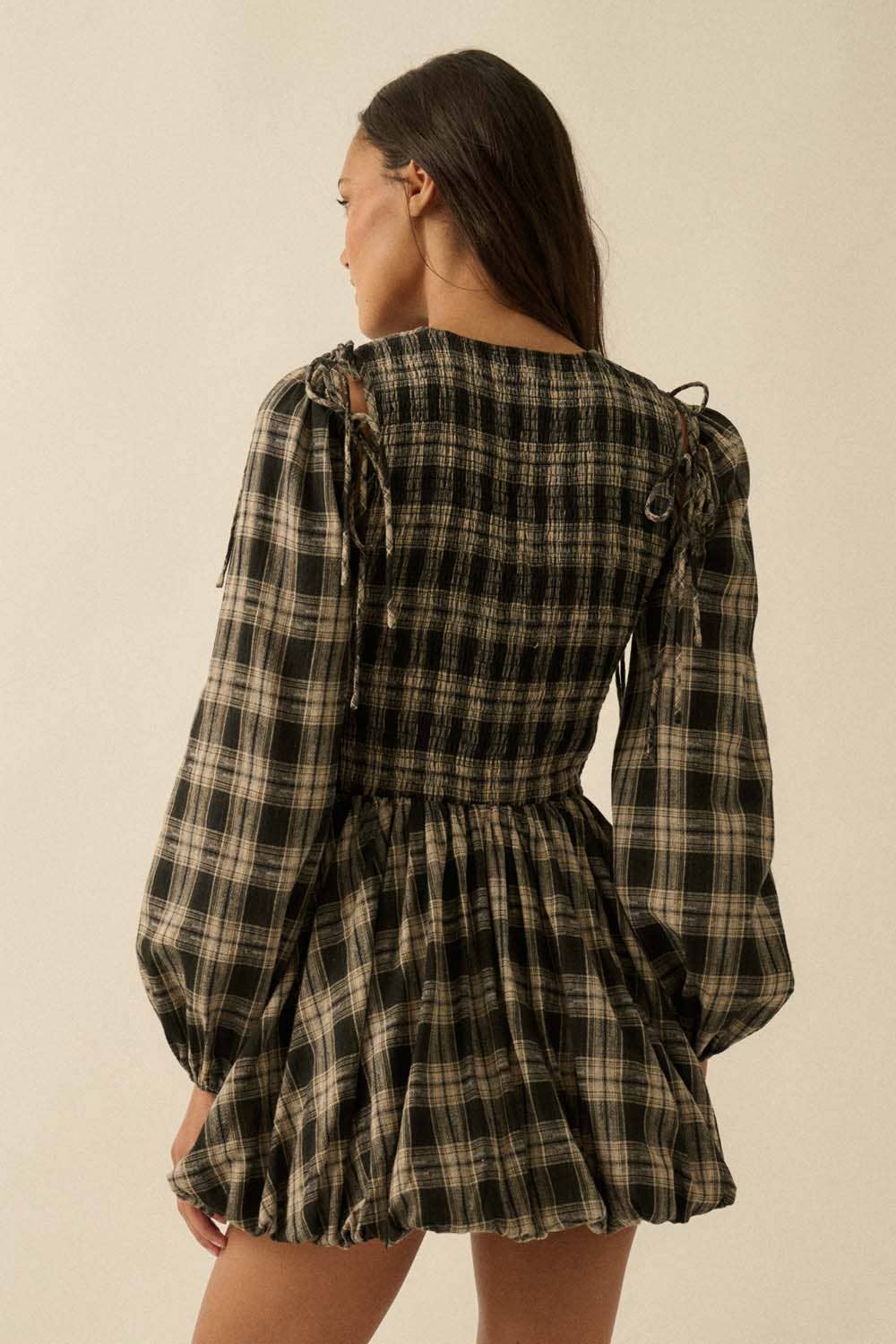 Pumpkin Butter Plaid Puff Mini Dress (Black)