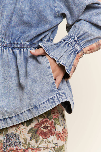 Mixed Media Denim Zip-Up Hoodie