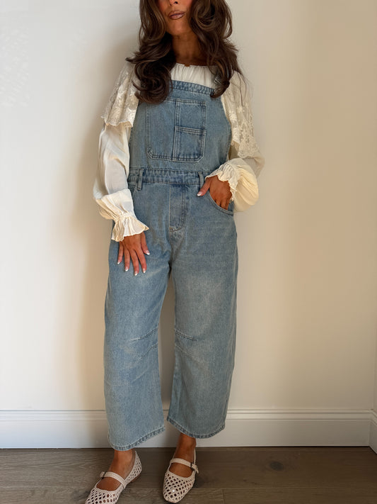 Denim Barrel Overalls Ankle Length  (light wash)