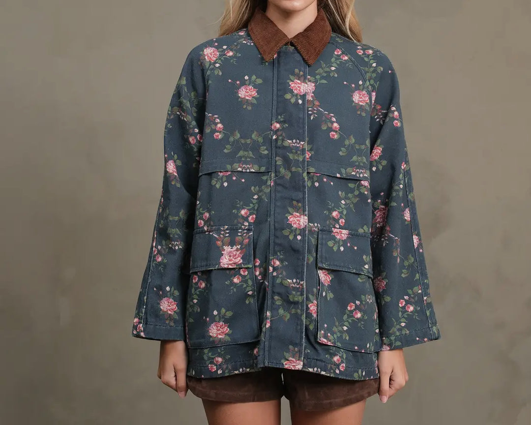 Denim In Bloom Pink Rose Barn Jacket (Can’t Restock)
