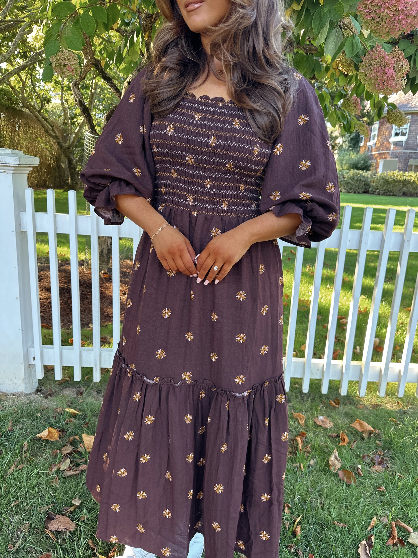 Caramel Apple Floral Puff Sleeve Midi Dress