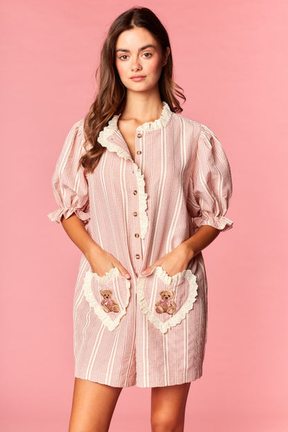 Teddy Bear Gingham & Hearts Romper restock one week