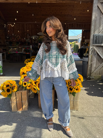 Willow Patch Plaid Ruffle Top with Balloon Sleeves PRE ORDER ADDED