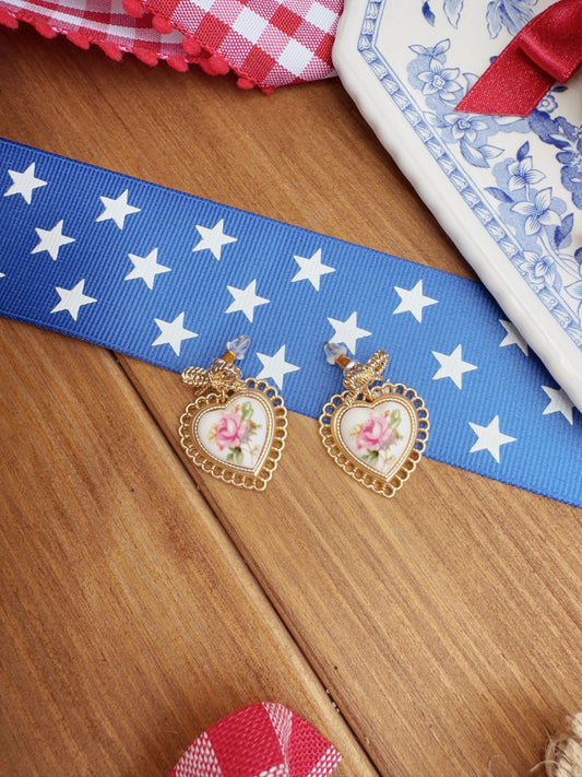 ROSE CERAMIC PORCELAIN BOW DROP EARRINGS