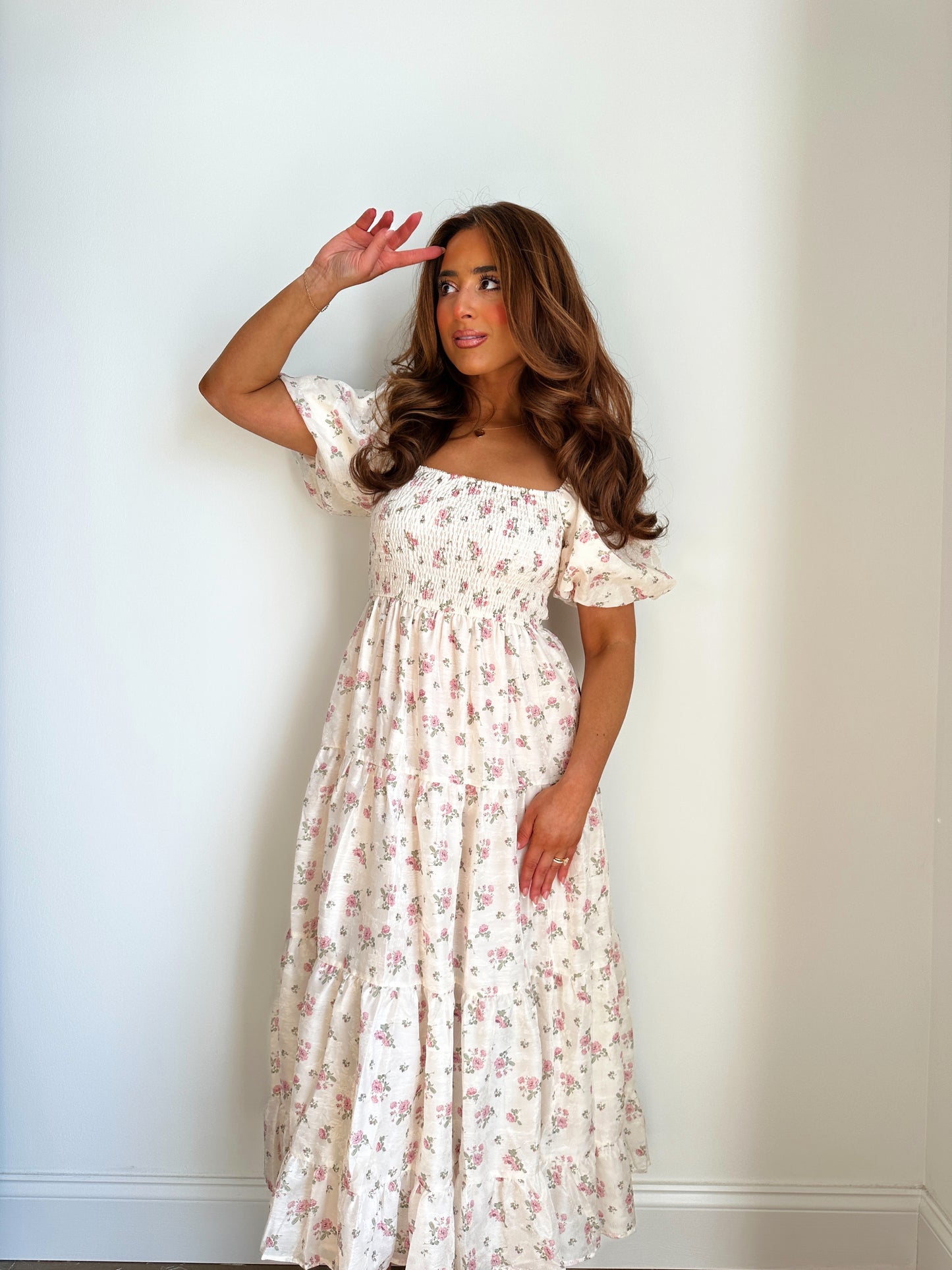 Secret Garden Blush Floral Midi Smocked Dress