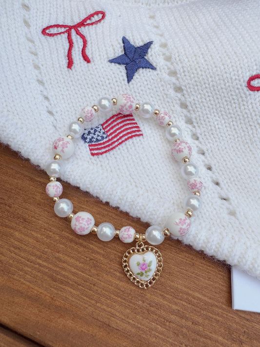 PINK CERAMIC PORCELAIN PEARL MIX HEART BRACELET