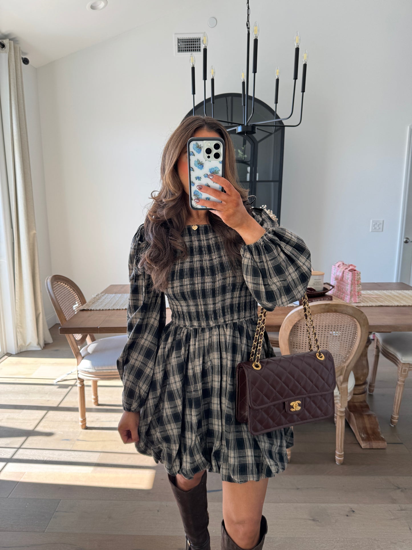 Pumpkin Butter Plaid Puff Mini Dress (Black)