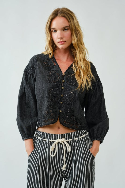 Denim Eyelet Twirl Vintage Top (can’t restock) (Black)