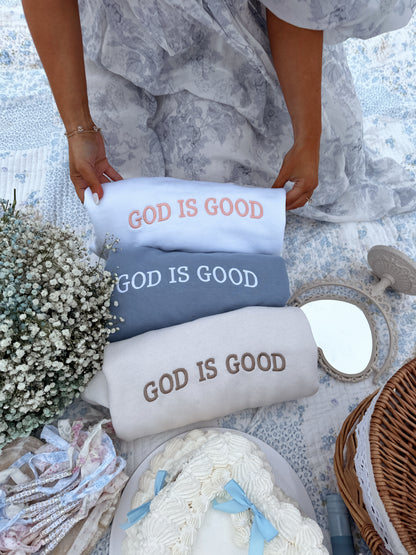 God is Good embroidered crew (dusty blue)