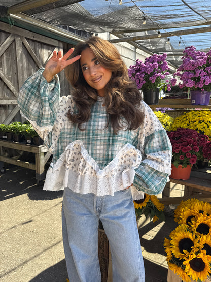 Willow Patch Plaid Ruffle Top with Balloon Sleeves PRE ORDER ADDED