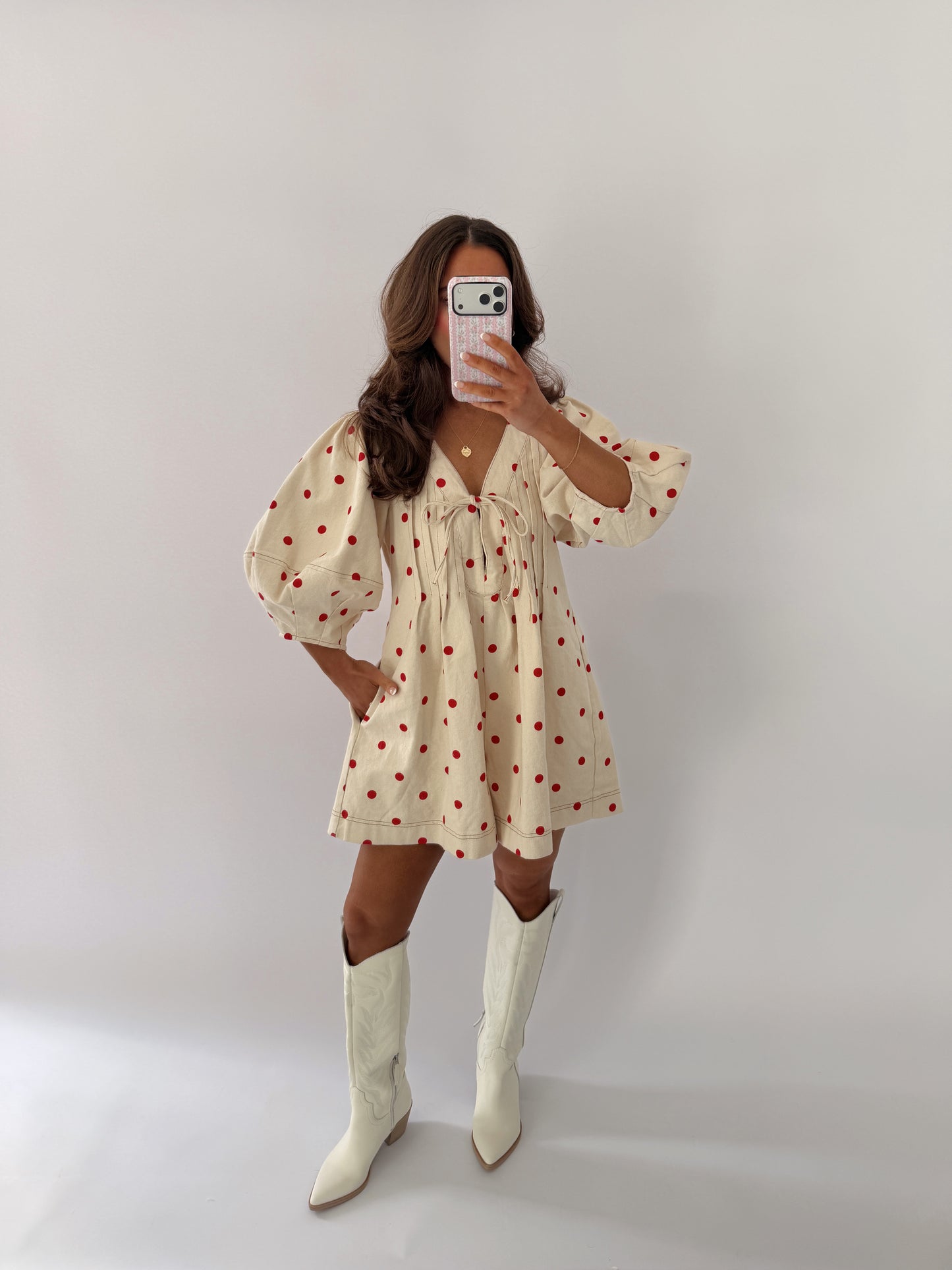 Sweet Denim Polka Dot Romper Oat & Red