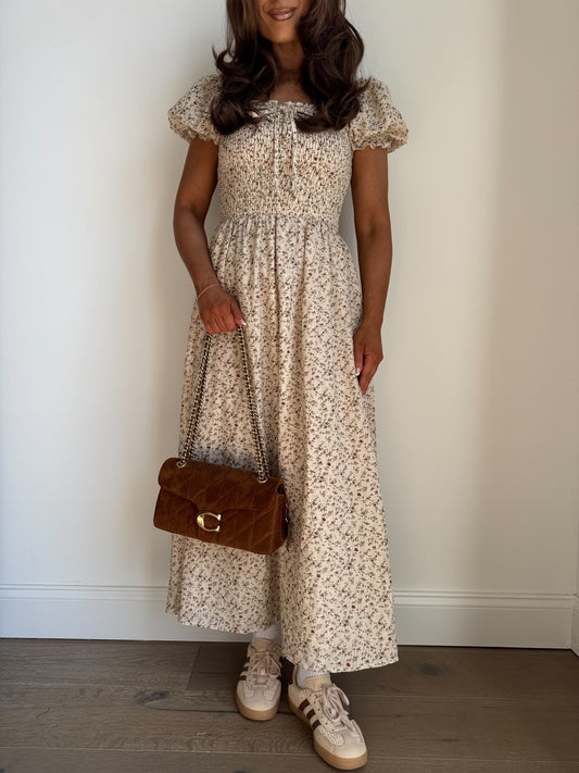 Cinnamon Hazelnut Puff Sleeve Midi Dress