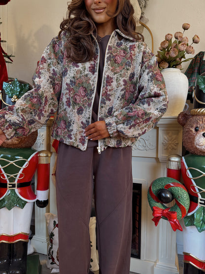 Vintage Rose Tapestry Zip-Up Bomber Jacket